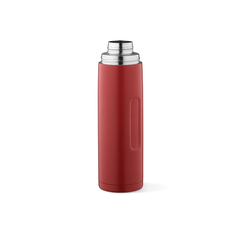 A drink bottle in red with a stainless steel lid, featuring a side handle and a logo. It includes two cups and a carabiner.