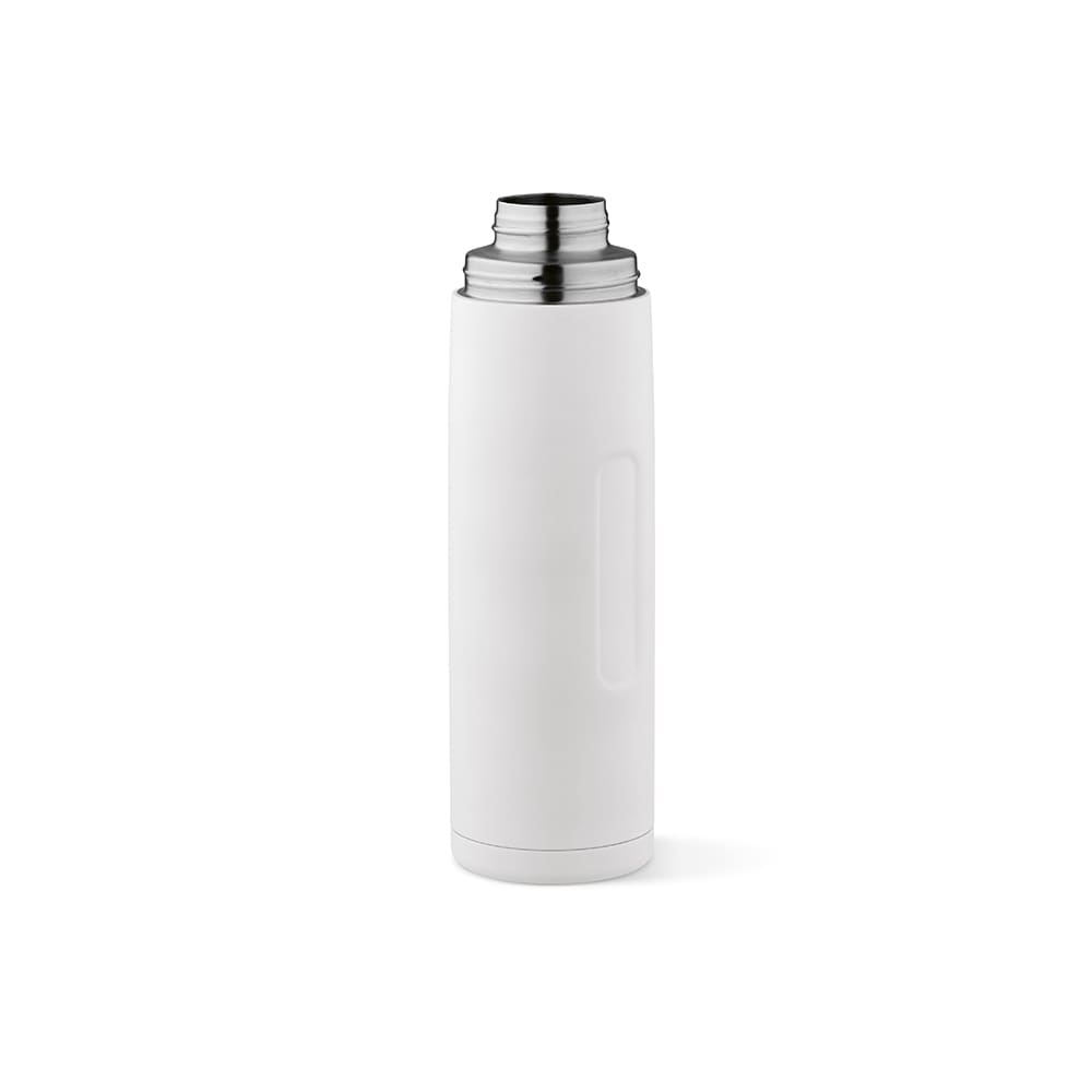A drink bottle in white with a stainless steel top, featuring a carabiner and two cups. It has a logo.