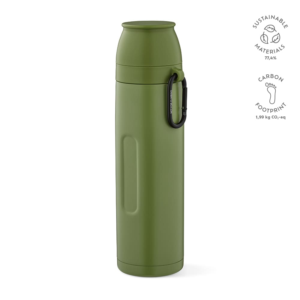 A drink bottle in olive green, featuring a carabiner and two cups, with a logo displayed on the side.