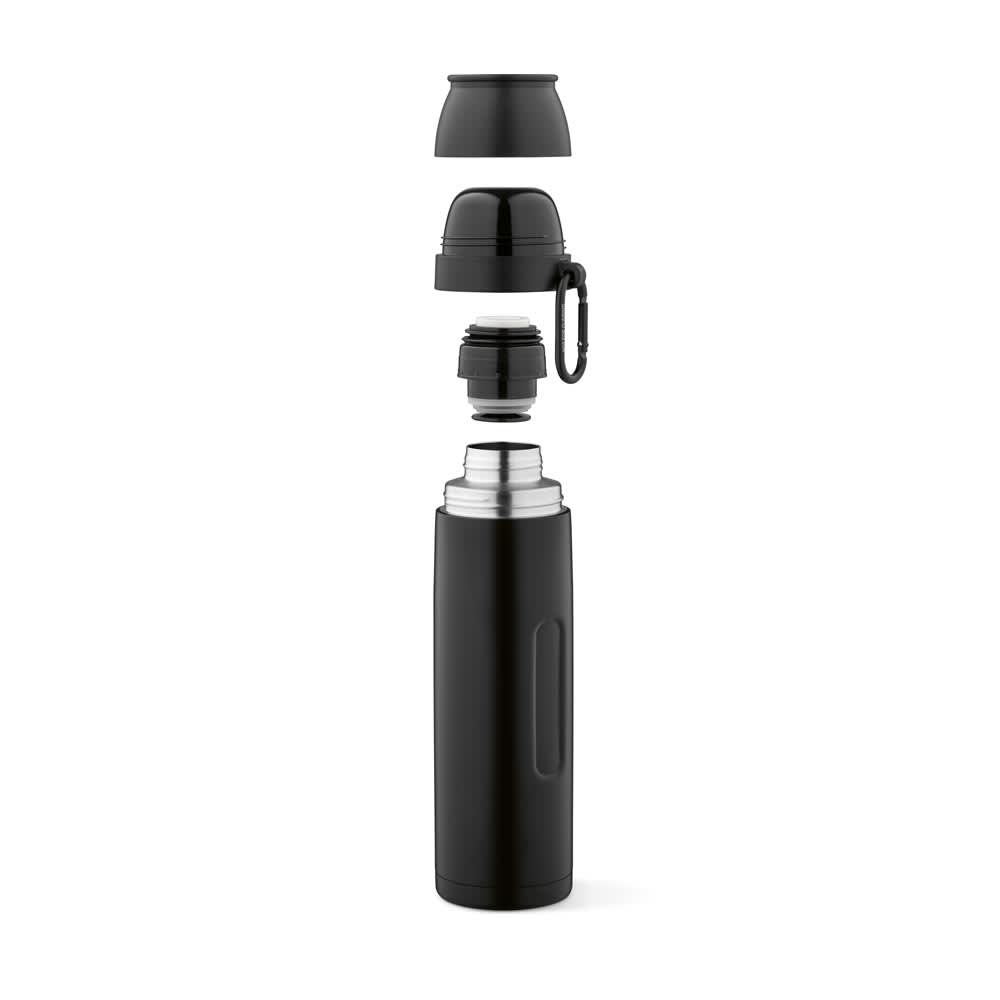 A drink bottle in matte black with a removable cap, two cups, and a carabiner attached. It features a logo.