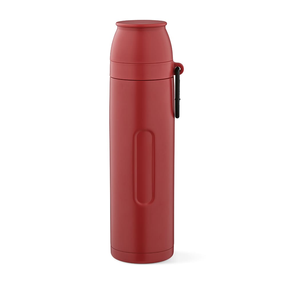 A drink bottle in red, featuring a lid, two cups, and a carabiner, with a logo on the side.