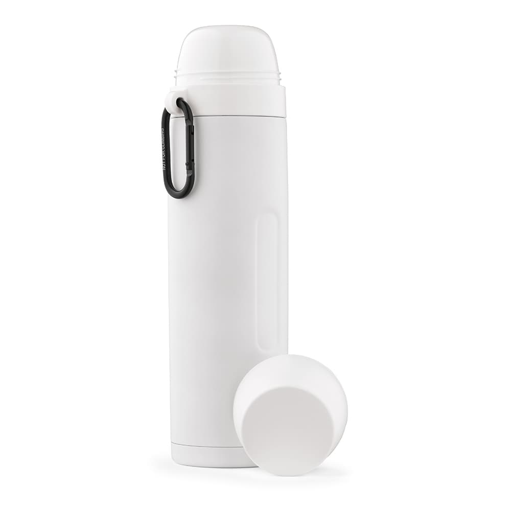 A drink bottle in white, featuring a black carabiner and two detachable white cups.