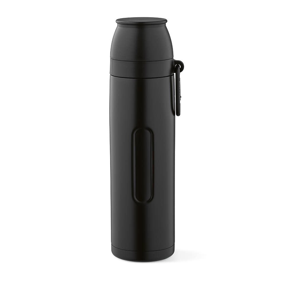 A drink bottle in matte black finish, featuring a lid, a carabiner, and two cups. It has a sleek design with a logo.