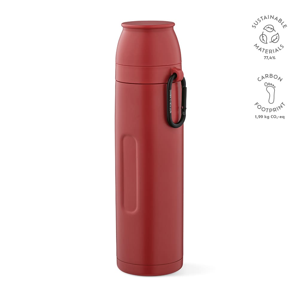 A drink bottle in a deep red colour, featuring a carabiner, with a sleek design and a branding logo.