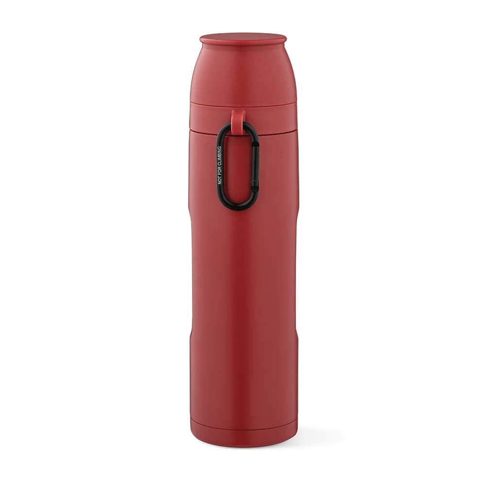 A drink bottle in a vibrant red colour, featuring a carabiner and two cups included. It has a logo.