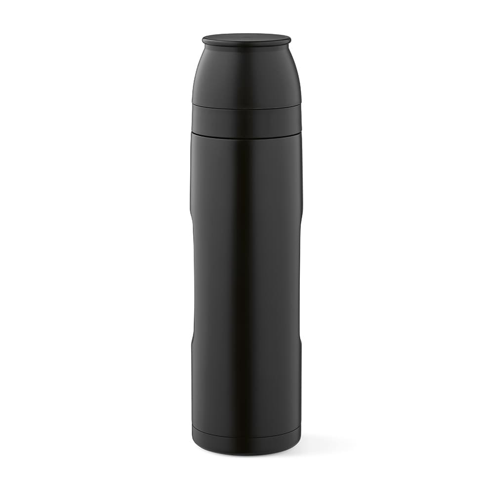 A drink bottle in black with a sleek design, featuring two cups and a carabiner. Includes a logo.