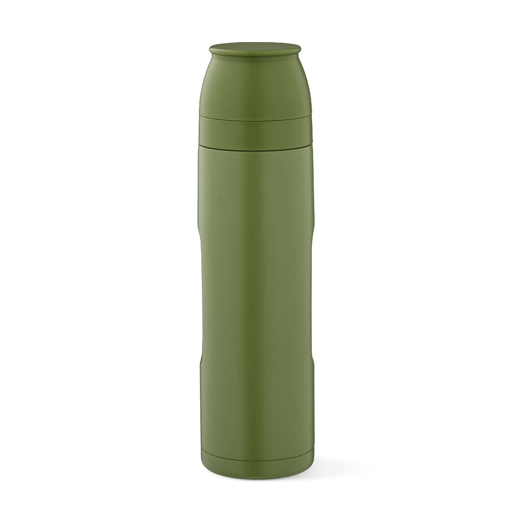 A drink bottle in olive green, featuring a detachable lid and two cups, accompanied by a carabiner.