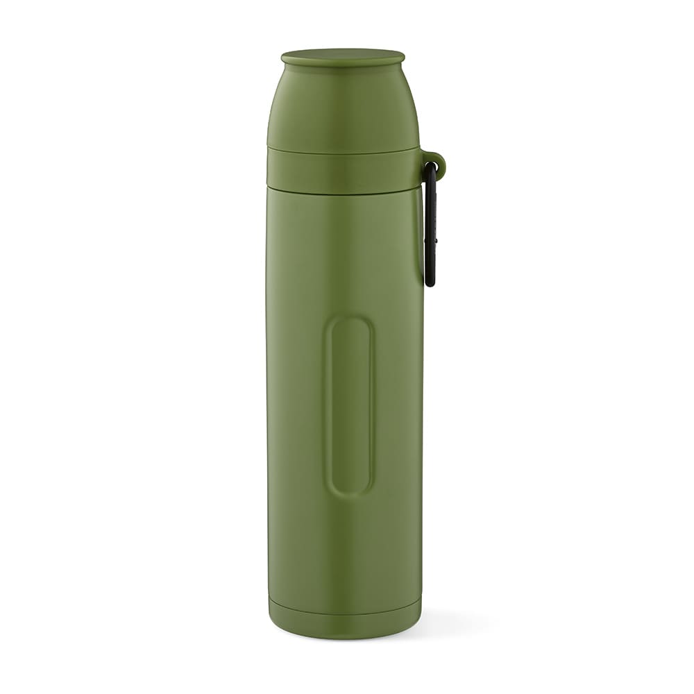 A drink bottle in olive green, featuring a screw top lid, two cups, and a carabiner for convenience.