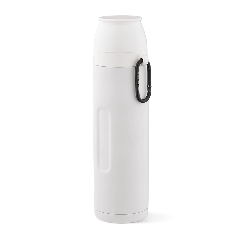 A drink bottle in white with a carabiner and two attached cups, ideal for outdoor activities.