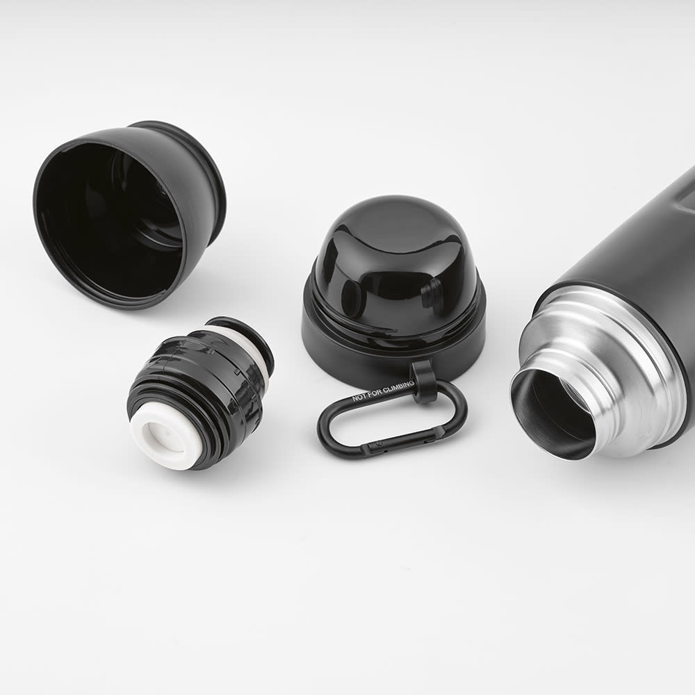A black thermos with detachable components, including two cups and a carabiner.