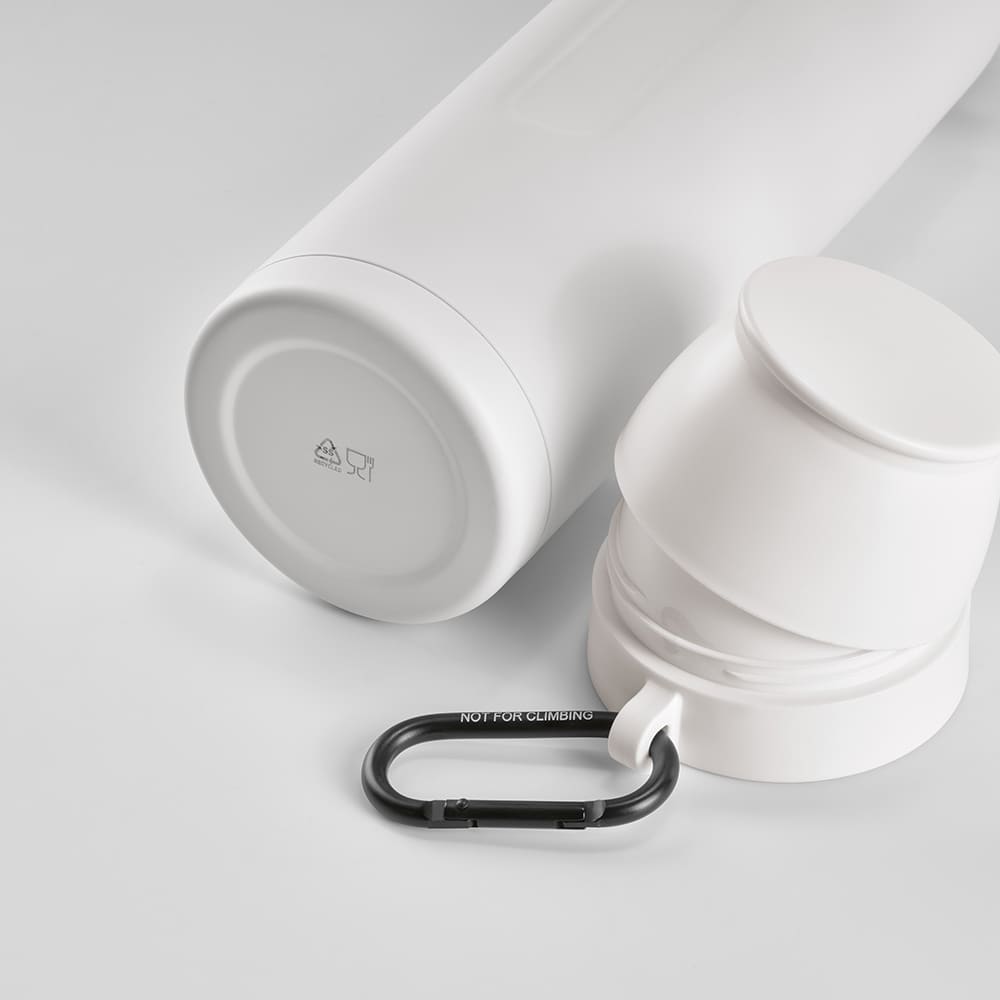 A drink bottle in white, featuring two cups and a carabiner attached. It has a logo on the side.