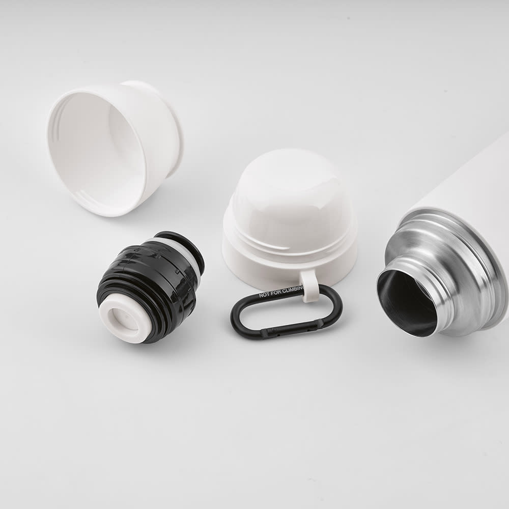 A drink bottle in white and silver, accompanied by two cups and a carabiner, all displayed separately.