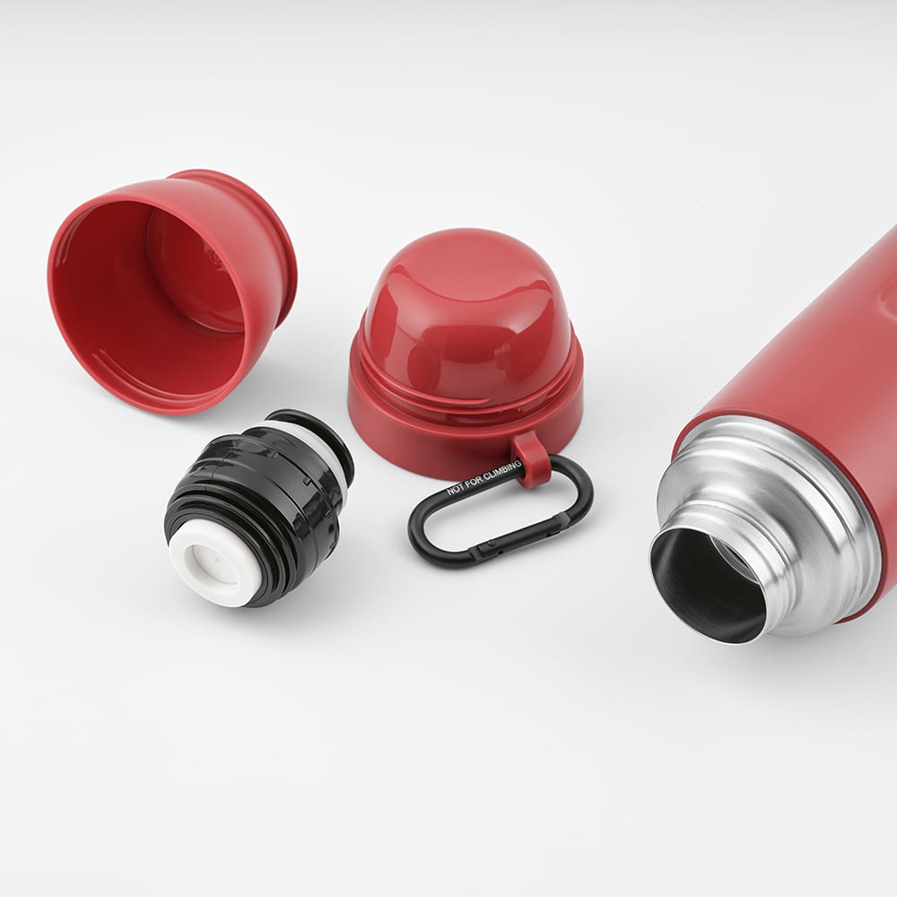 A drink bottle set featuring a red thermos, two cups, a black carabiner, and removable components.