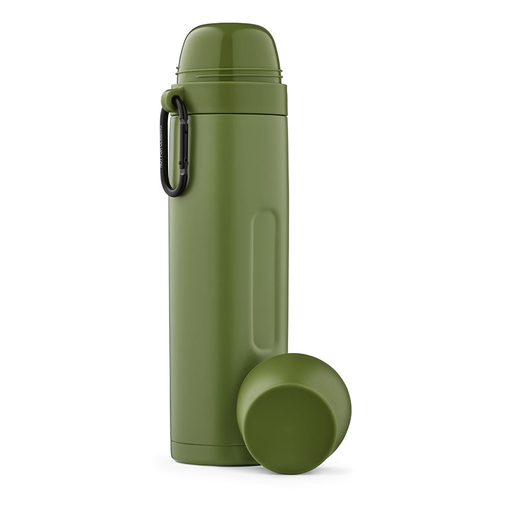 A drink bottle in olive green, featuring a carabiner and two cups, with a sleek, cylindrical design.
