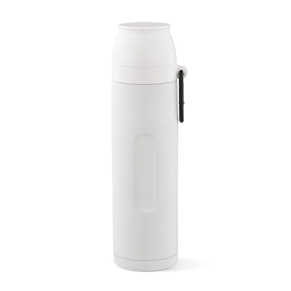 A drink bottle in white, featuring a carabiner and two cups, designed for easy transport.
