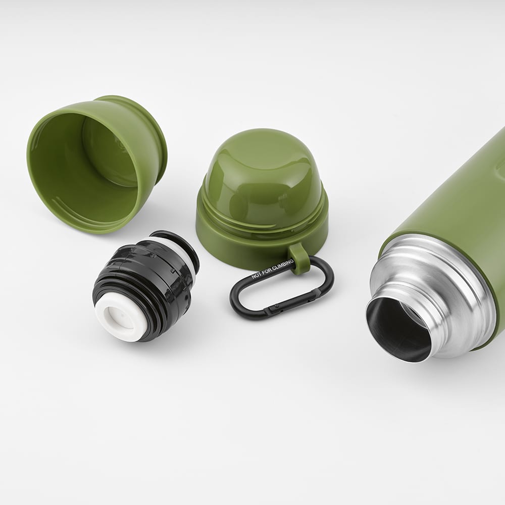 A drink bottle set in olive green, featuring a thermos, two cups, and a carabiner. Includes a black and silver cap.