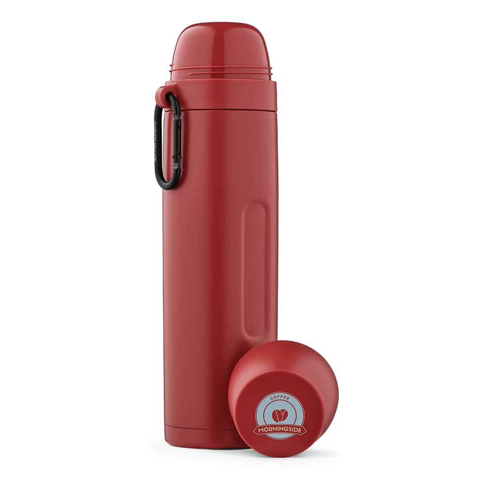 A red thermos with a carabiner, including two matching cups. It features a logo on the lid.