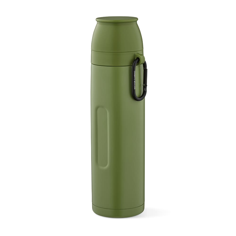 A drink bottle in olive green, featuring a carabiner and two cups included with the thermos. It has a logo.