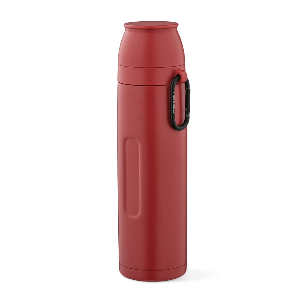 A drink bottle in red with a carabiner and two cups included. Features a sleek and modern design.