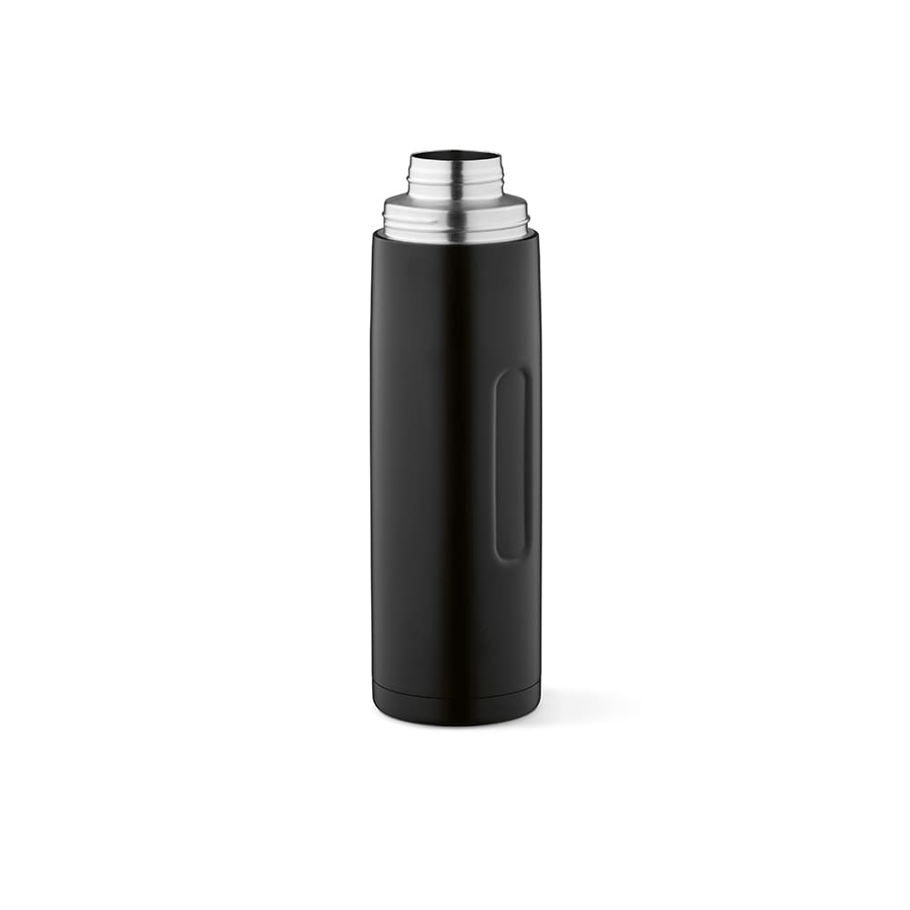 A drink bottle in matte black with a silver lid, featuring a handle and a carabiner. Two cups are included.