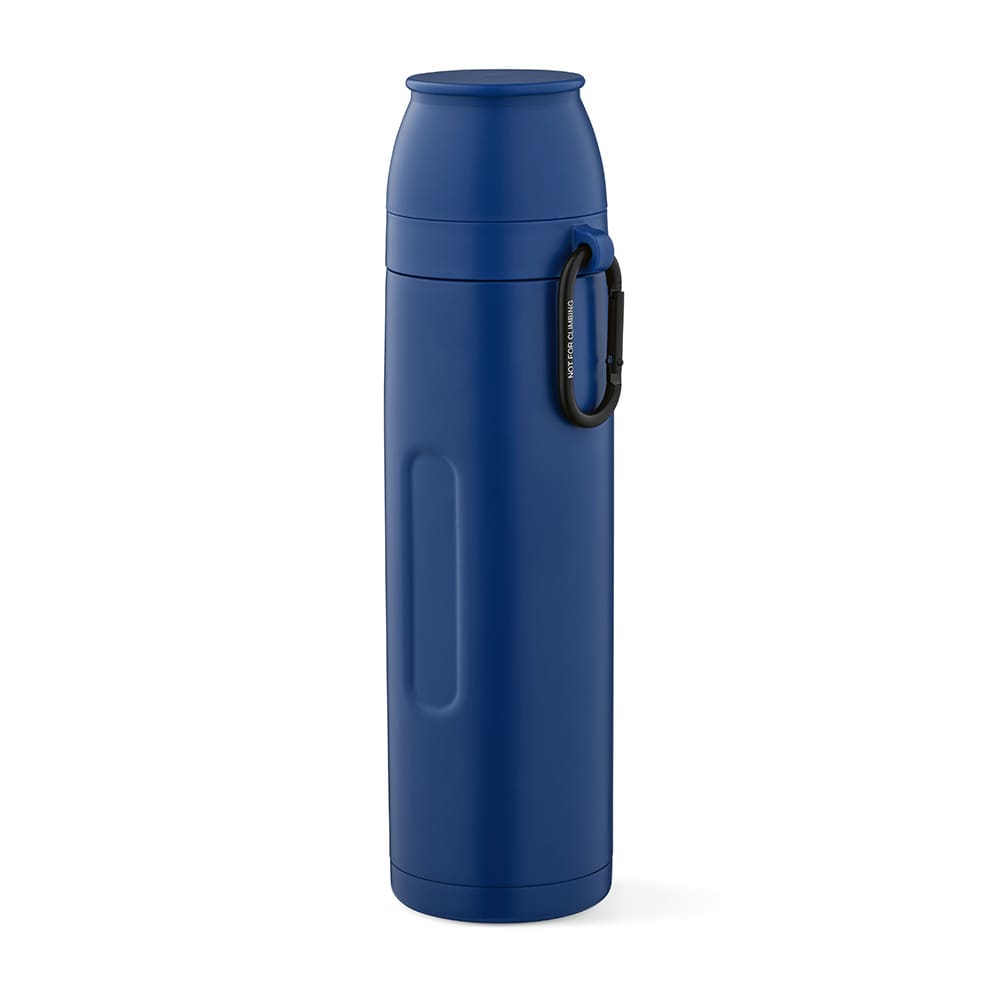 A drink bottle in navy blue with a carabiner and two cups included. Features a logo on the side.