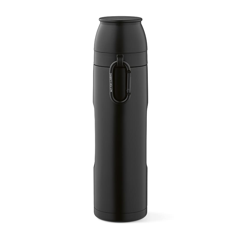 A drink bottle in matte black, featuring a carabiner and two cups, with a logo on the side.