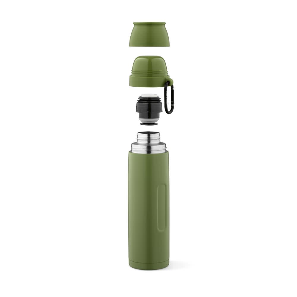 A drink bottle in olive green with a removable lid, carabiner, and two cups. It features a logo.