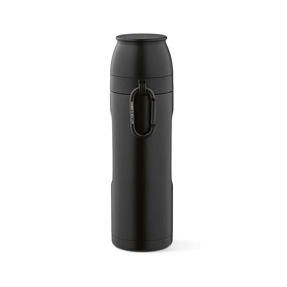 A drink bottle in matte black with a carabiner and two cups included. It has a sleek, modern design.
