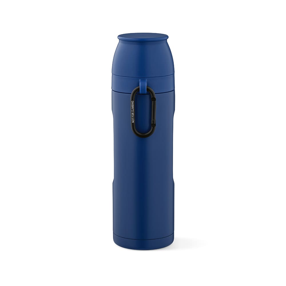 A drink bottle in blue with a carabiner and two cups included. It features a logo.