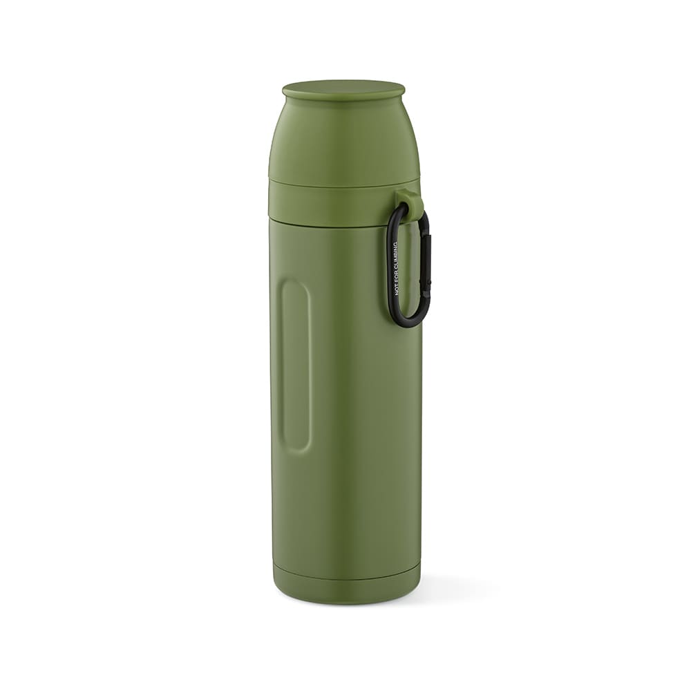 A drink bottle in olive green, featuring a carabiner and two cups. It has a smooth finish and a logo.