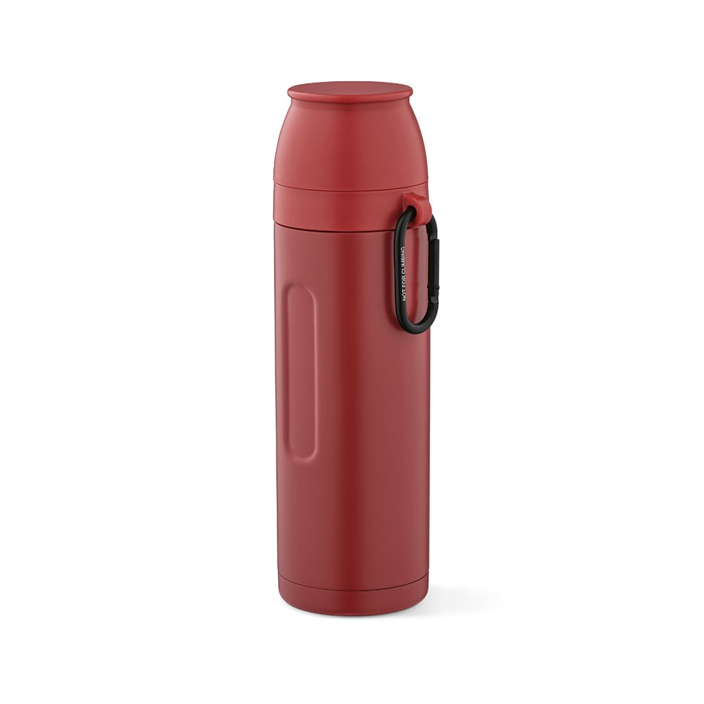 A drink bottle in red with a carabiner and two cups included, featuring a branding logo.