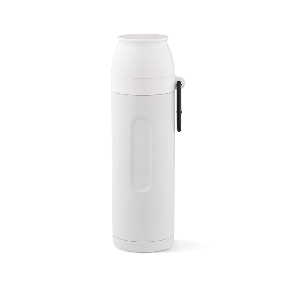 A drink bottle in white, featuring a carabiner and two cups included. It has a logo on the side.
