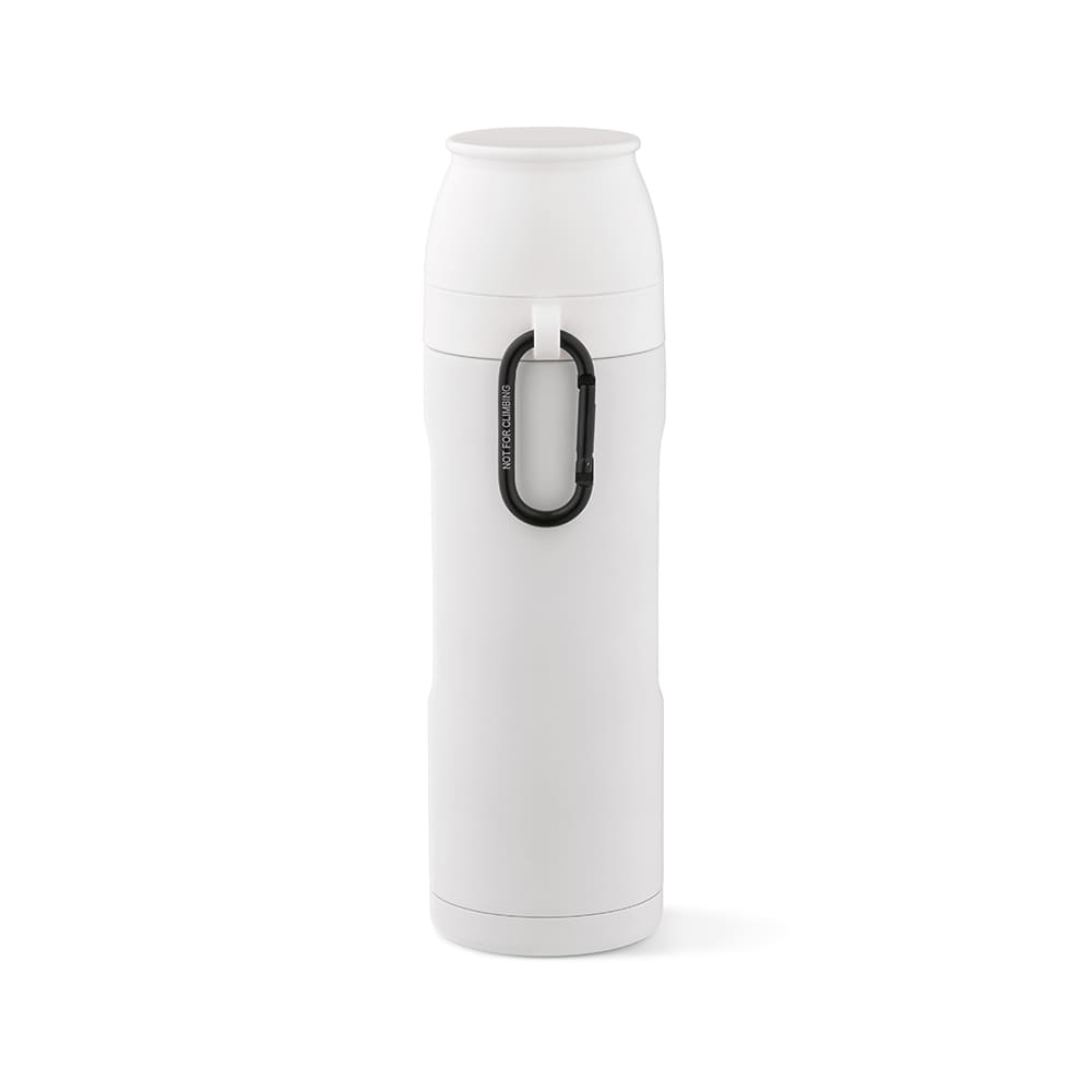A drink bottle in white with a carabiner clip, designed to hold 810ml and includes two cups.