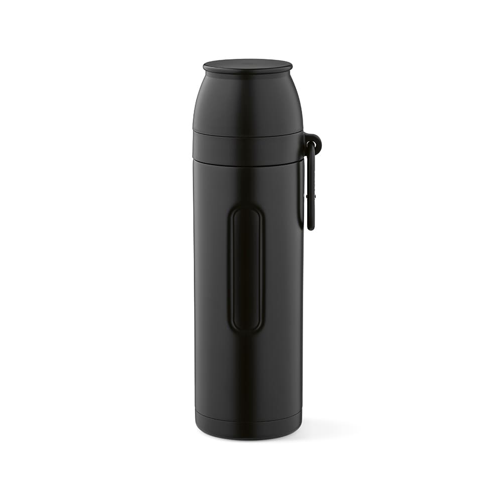 A drink bottle in black, featuring an attached carabiner and two cups. It has a sleek, cylindrical design.