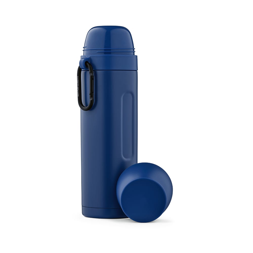 A drink bottle in navy blue featuring a carabiner, two cups, and a sleek design. Includes a logo.