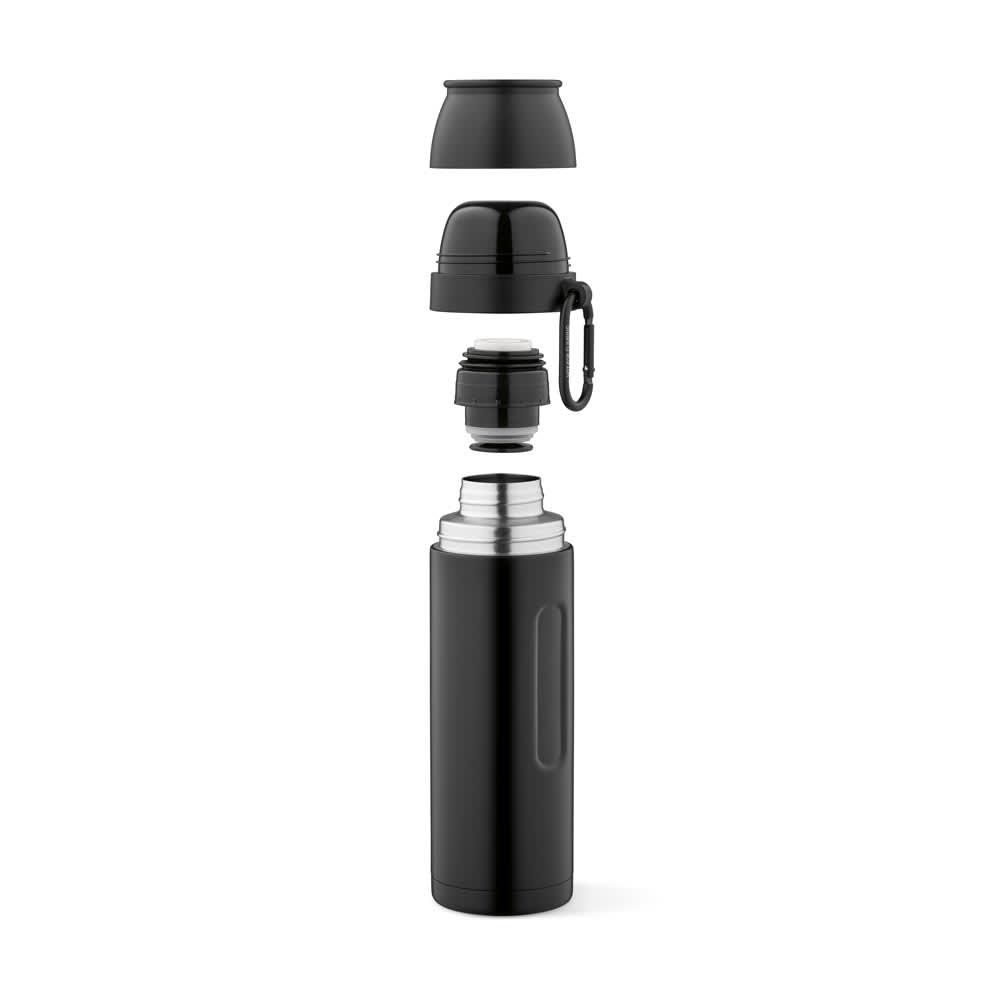 A drink bottle in black, featuring a removable lid, two cups, and a carabiner attachment. It includes a logo.
