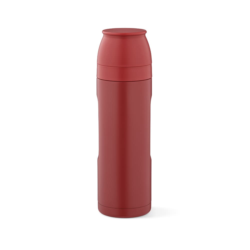 A drink bottle in red, featuring a secure cap, and includes two cups and a carabiner. It has a logo.