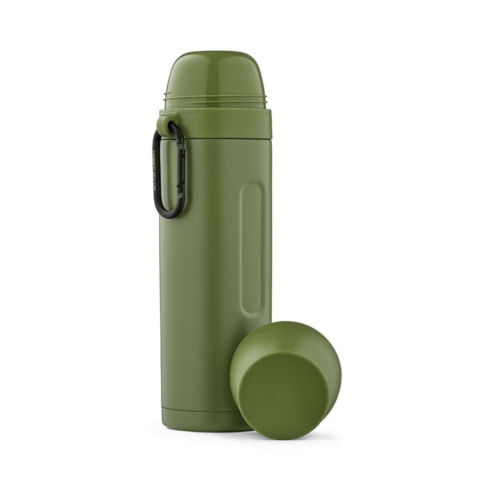 A drink bottle in olive green, featuring a carabiner and two detachable cups. It has a branded logo on the body.