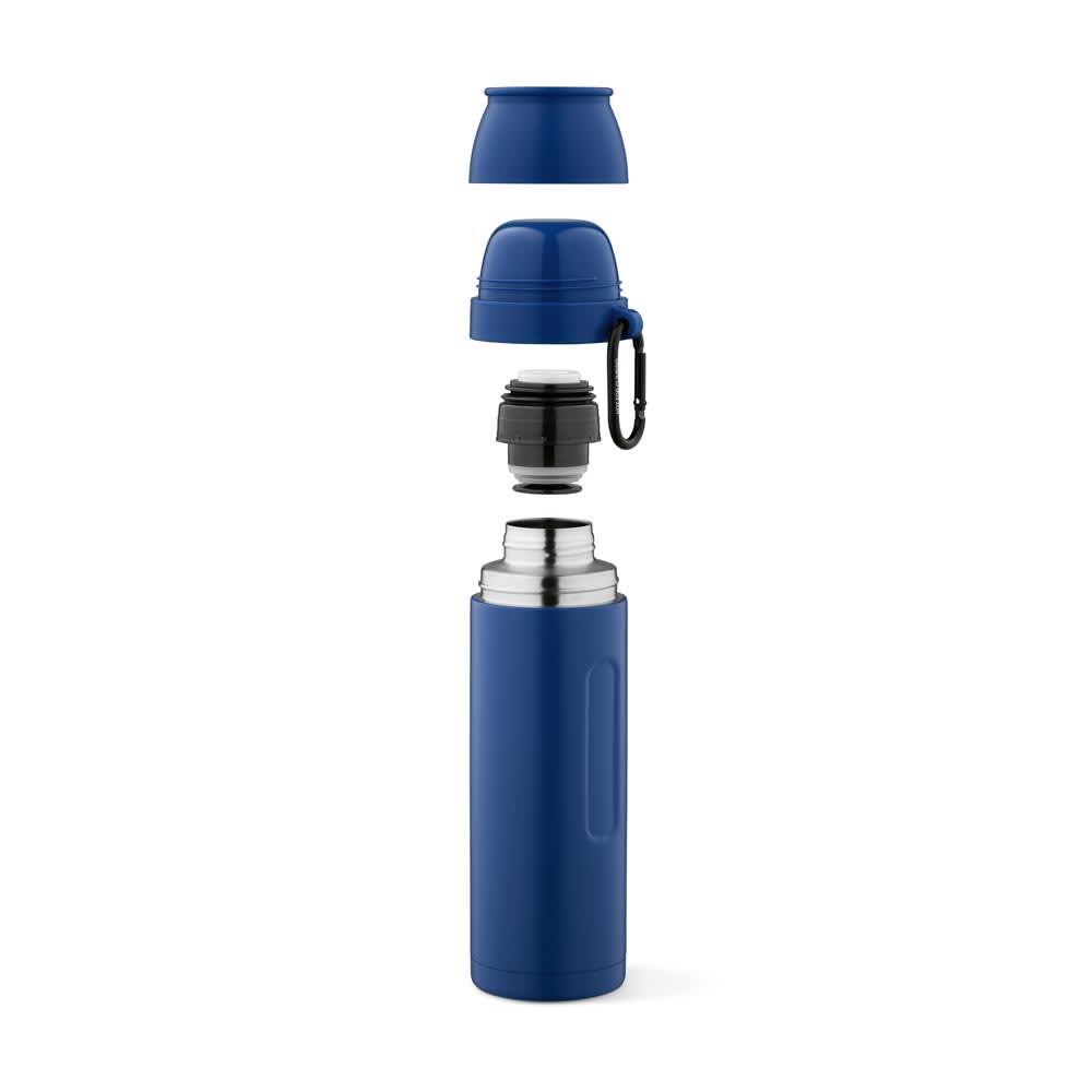 A drink bottle in blue, featuring a detachable lid, a carabiner, and two cups. It includes a logo.