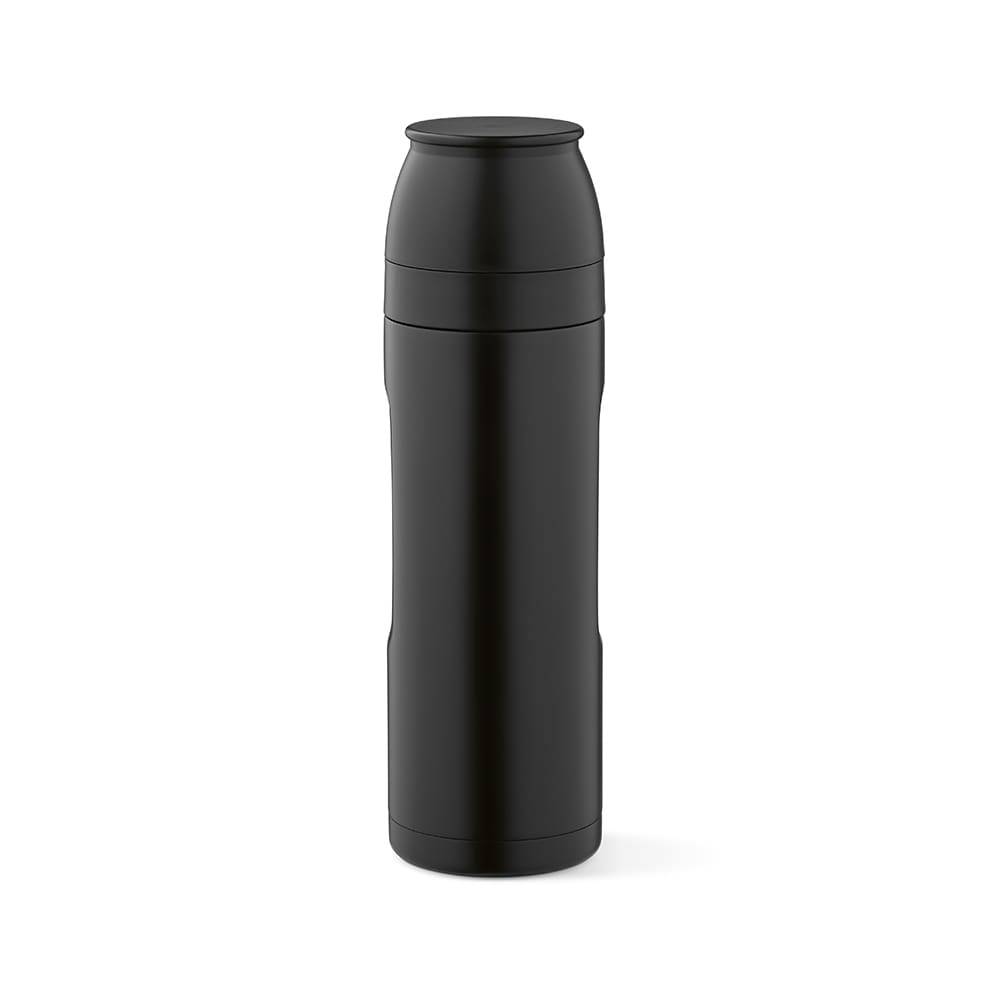 A drink bottle in sleek black with a secure lid, designed with a carabiner and two cups.
