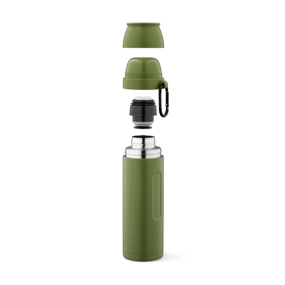 A drink bottle in green with a silver inner, featuring an attached carabiner and an interchangeable lid.