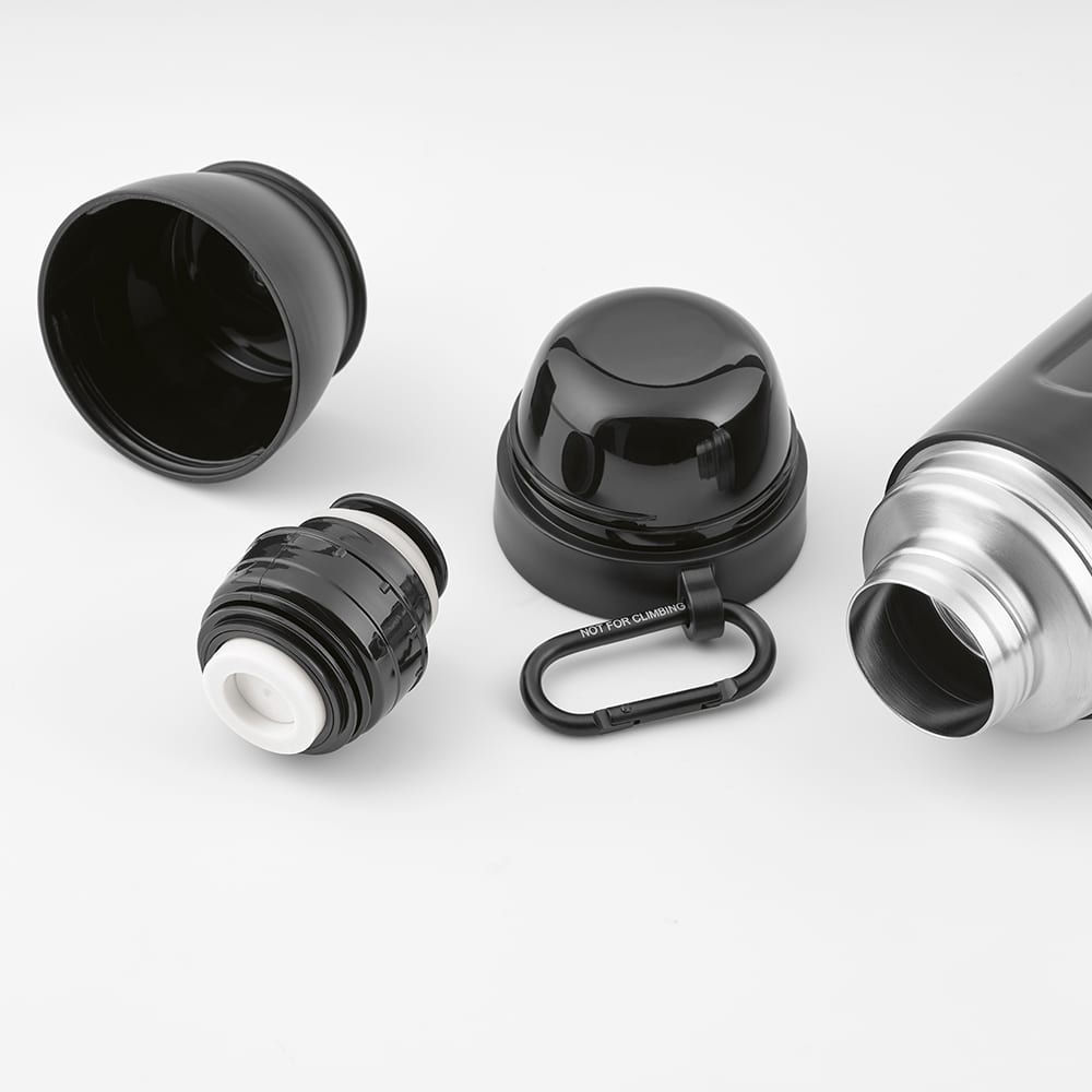 A drink bottle in black and silver, featuring a carabiner, two cups, and separate components.