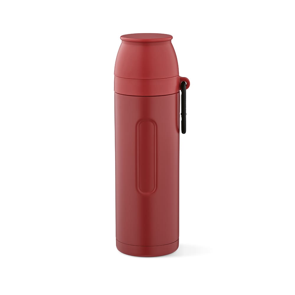 A drink bottle in a vibrant red colour, featuring a carabiner and two cups, with a logo on the side.