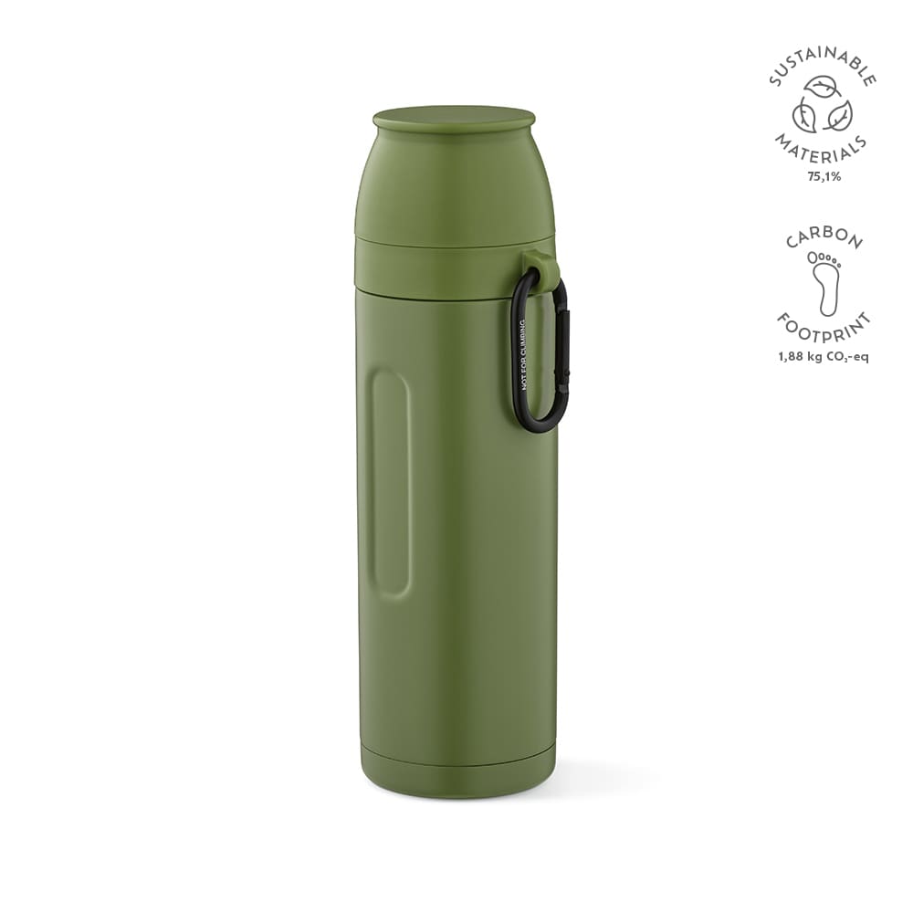 A drink bottle in olive green with a carabiner, featuring a sleek design and two cups included.