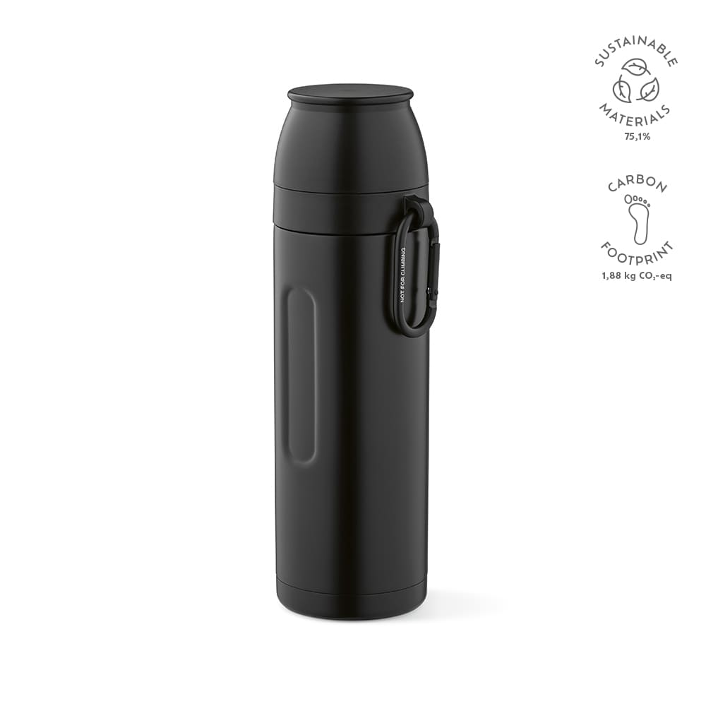 A drink bottle in a sleek black finish, featuring a carabiner and two cups. It has a logo and a textured grip.