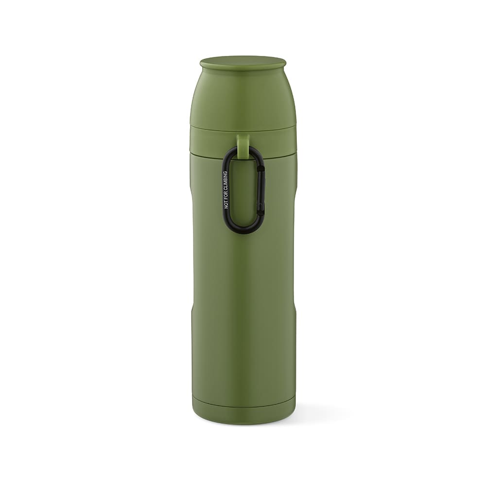 A drink bottle in olive green, featuring a carabiner and designed to hold 810ml, with two cups included.