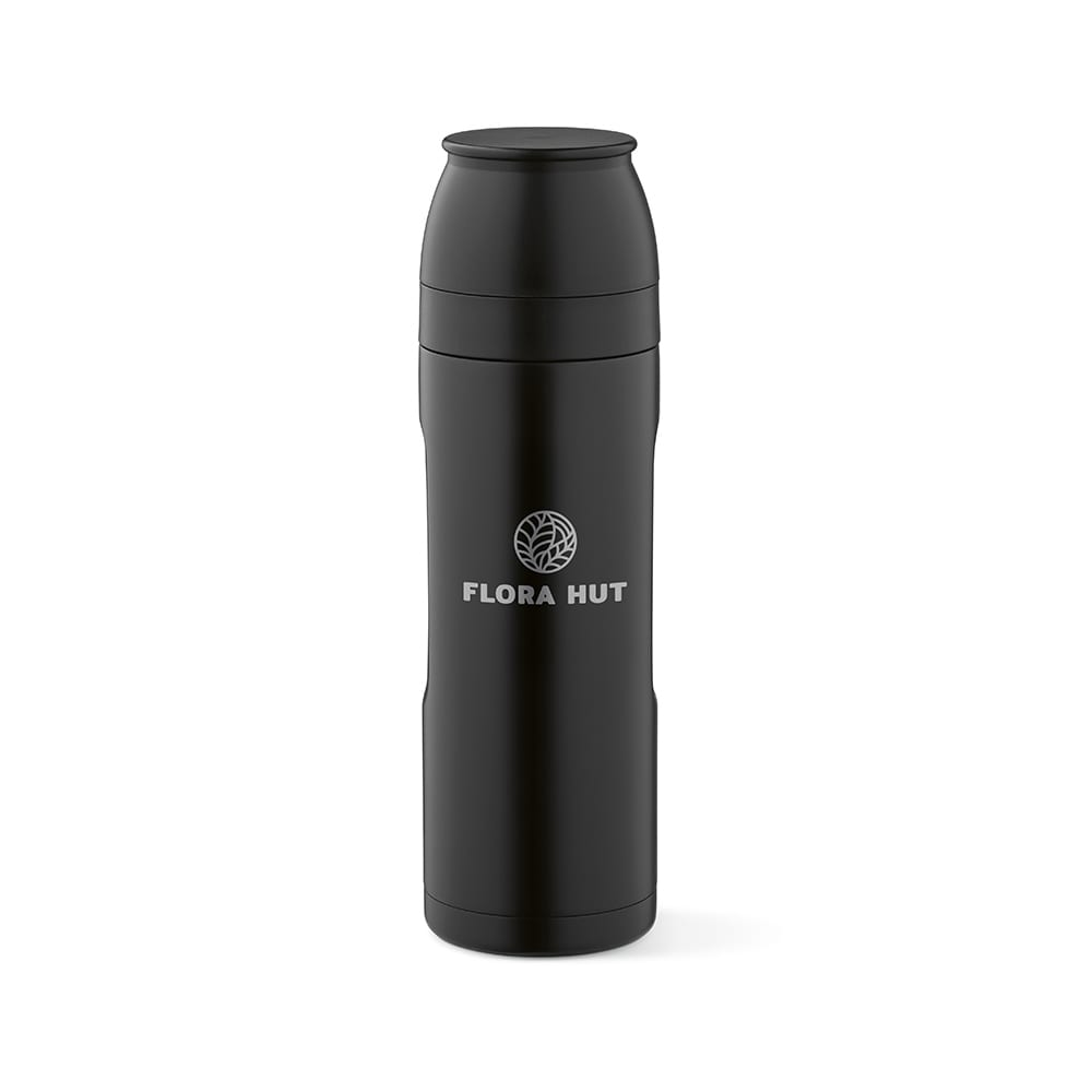 A drink bottle in black with a carabiner, featuring two cups and a logo. It has an 810ml capacity.