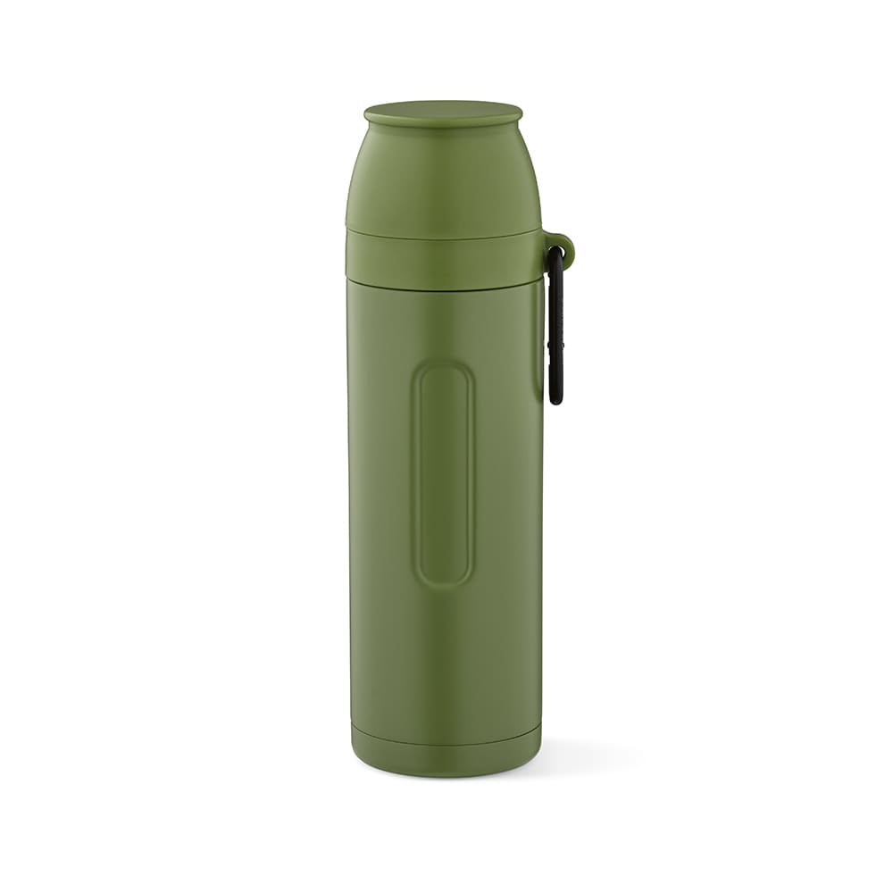 A drink bottle in olive green, featuring a carabiner and two detachable cups. It has a logo on the surface.