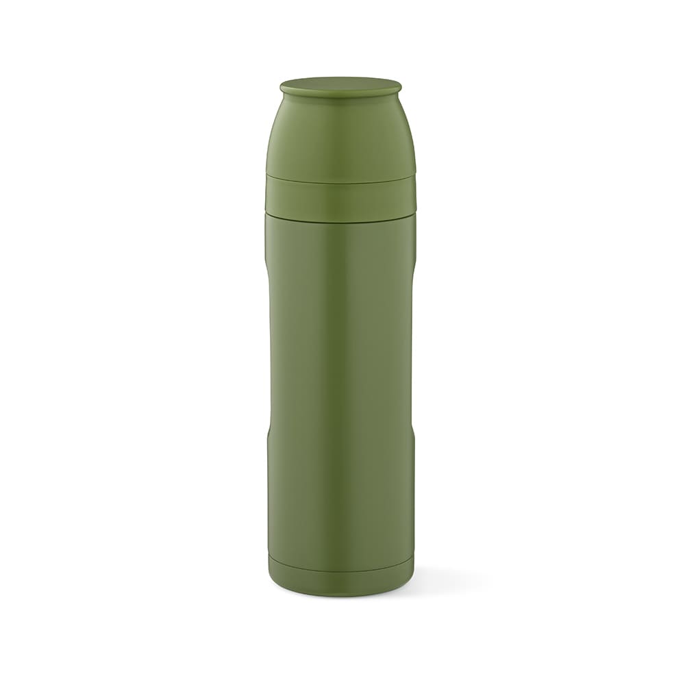 A green drink bottle with a curved cap, featuring two cups and a carabiner attachment. It has a branding logo.