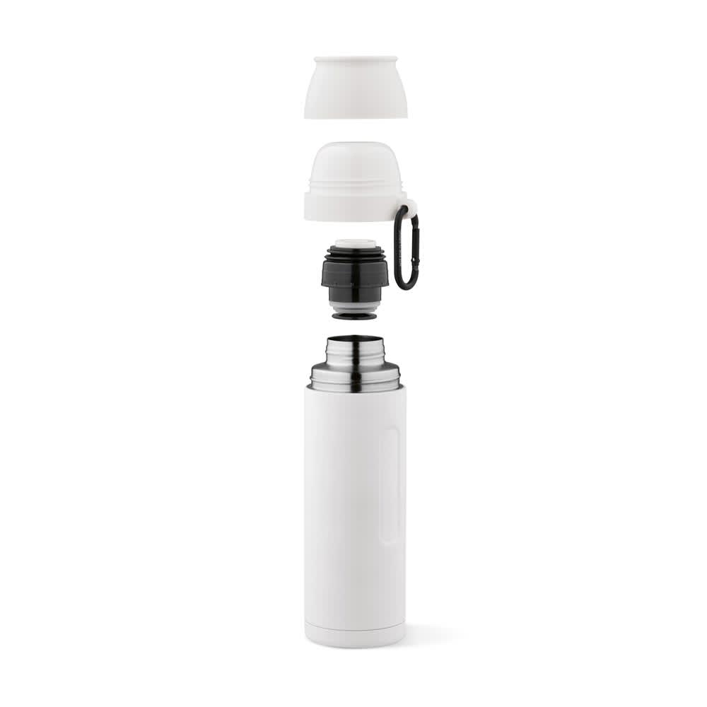 A drink bottle with a white stainless steel body, black lid, two cups, and a carabiner for attachment.